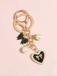 Fashion Bow & Heart Shape Faux Pearl Decor Keychain, Cute Keychain for Bags, Wallets, Car Keys, Ideal Gift for Women & Girls