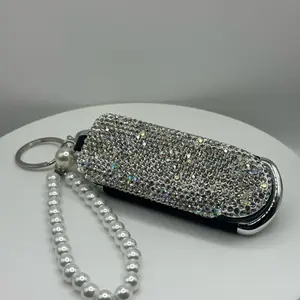 GlamFold Mini Rhinestone 2 in 1 Hair Brush with Mirror Pearl Necklace Included Travel Sized Nylon Bling Hair Brush & Mirror with Pearl Keychain