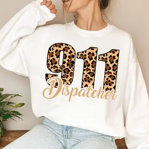 [Made in USA] Cheetah 911 Dispatcher Merch Sweatshirt, Emergency Dispatcher Crewneck Pullover, Leopard Print 911 Operator Sweater, Cute Dispatcher Appreciation Gift, Public Safety Telecommunicator Outfit