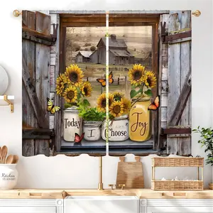 Vintage Country Kitchen Curtains 2 Panels 27.5W X 39L Inch Rod Pocket Brown Old Barn Door Butterfly Short Cafe Tier Curtains Wood Floral Bathroom Window Drapes Treatment Home Decor
