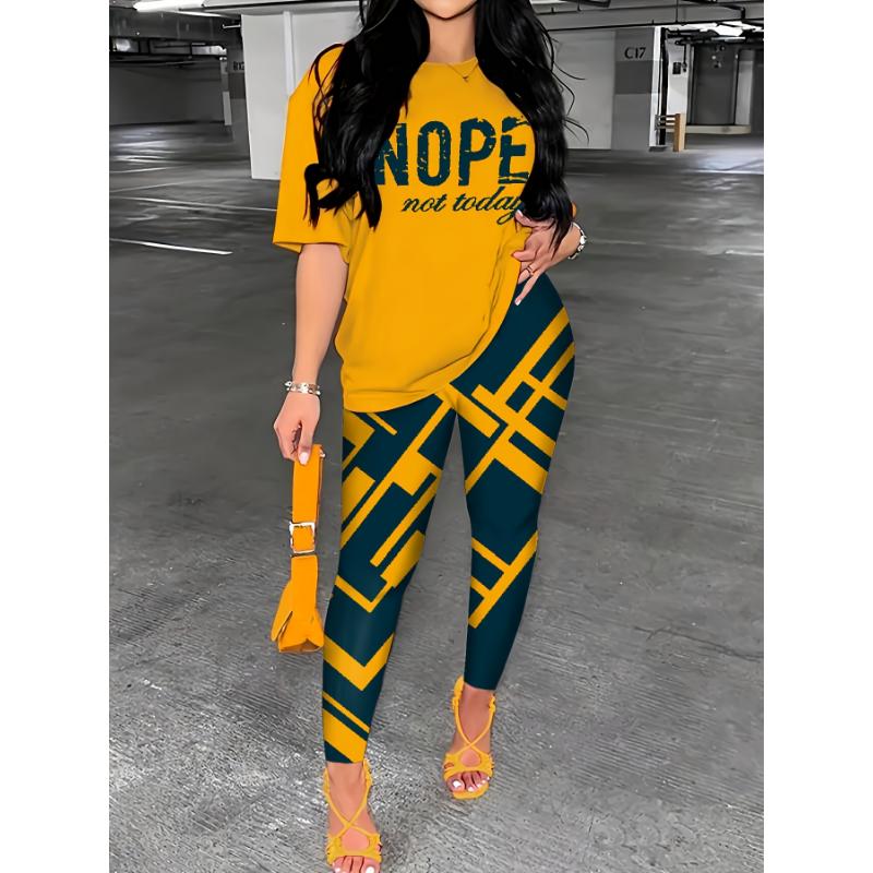 2 piece sets double layer dress Casual Faith Print Pantsuits, Short Sleeve T-shirt & Skinny Leggings Outfits, Women's Clothing Fabric Womenswear Collar Spandex Comfort Gamis Crewneck Fitted Multicolor Shortsleeve 2 piece sets women Polyester Ginger-Colore