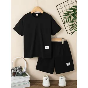 Boys Summer Casual Set - Comfortable Knitted T-Shirt and Shorts, Solid Color, Stretch Fabric, Machine Washable, Crew Neck, Regular Fit, Suitable for Outdoor Activities