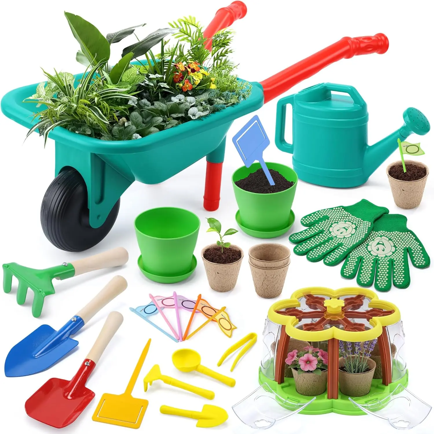 CUTE STONE Kids Gardening Toys Outdoor Play Set for 8-10 Years - Wheelbarrow, 3 Metal Garden Tools, Upgraded Irrigation Grow House, Indoor STEM Toy for Coordination Development, Kids Toys, Outdoor Play Sets
