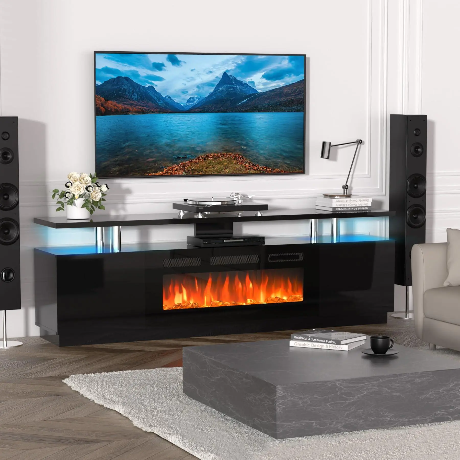 70 Inch Fireplace TV Stand with 36 Inch Electric Fireplace, 12 Colors LED Lights, 750W/1500W for Max 80 Inch TV, 2 Tier Storage 2 Door Cabinet