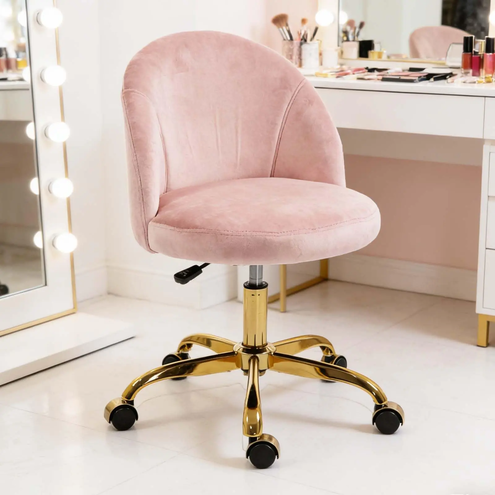 Rose Gold Vanity Chair Pink Velvet Vanity Chair With Gold Base, Small  Swivel Makeup Chair
