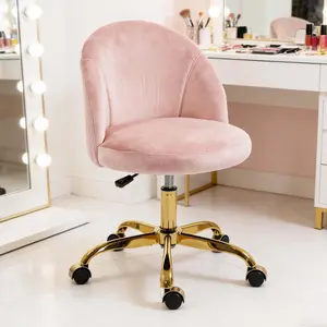 Pink Velvet Vanity Chair with Gold Base, Small Swivel Makeup Chair for Bedroom & Home Office, Adjustable Height Cute Desk Chair with Wheels for Girls