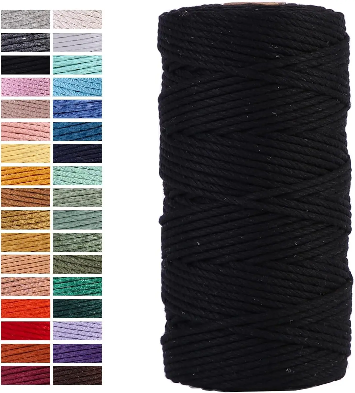 Black 3mm x 109 Yards Macrame Cord, Colored Cotton Rope for Wall Hanging, Plant Hangers, Knitting, Crafts & Decorative Projects