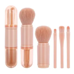 Retractable Makeup Brush Set 4 in 1 Portable Travel Lip Highlight Eyeshadow Foundation Blending Powder Brush Mini Facial Cosmetic Makeup Kit Pink