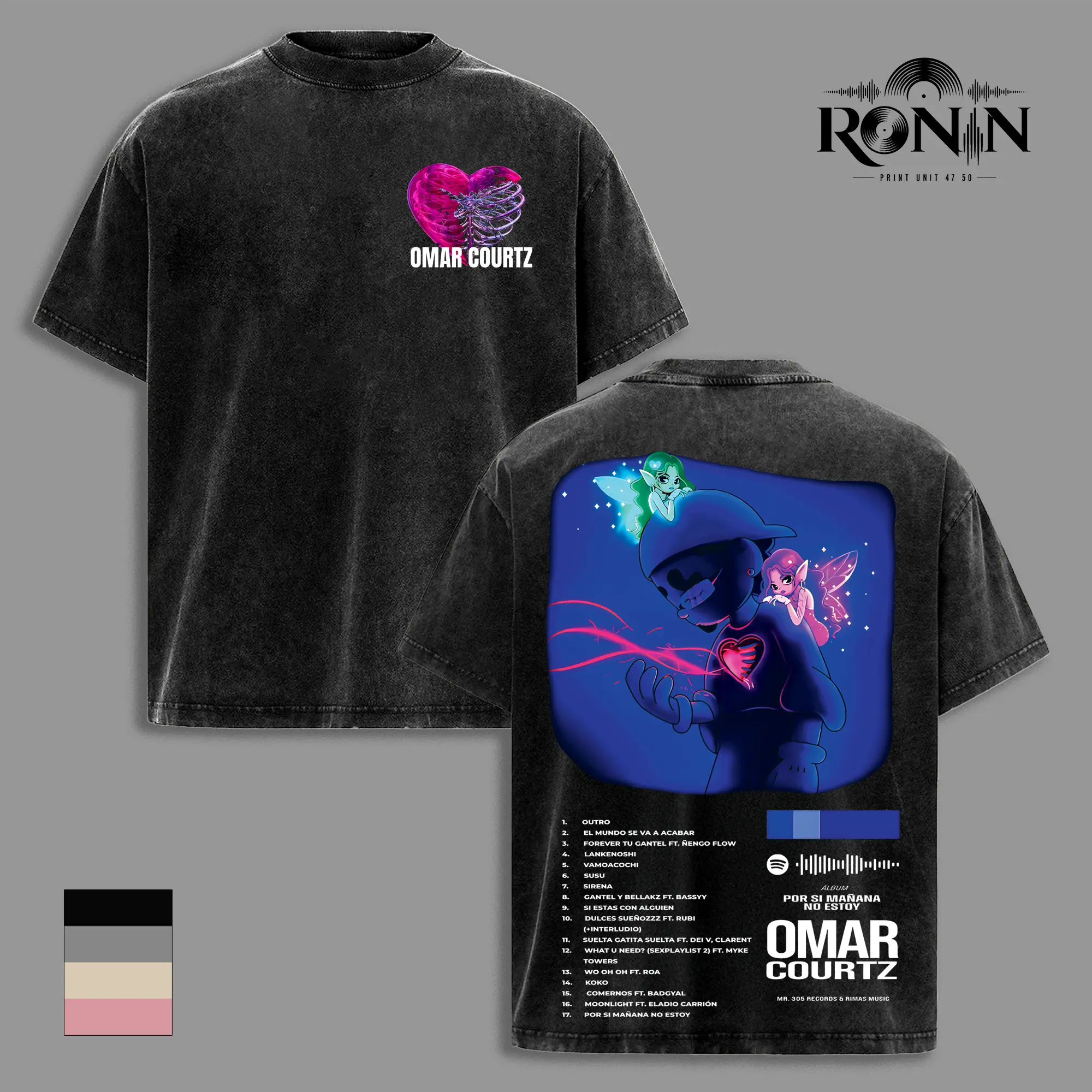 Oversized Graphic T-Shirt & Washed TeeOmar Courtz Por Si Mañana No Estoy Album - Heart Design Front with Full Tracklist Neon Art Print on Back, Premium Soft Cotton Unisex Streetwear Tee Comfortable Casual Wear Tank Top, Sweatshirt, Hoodie