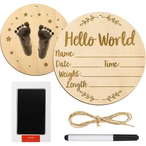 Baby Announcement Sign, 5.9 Inch Round Birth Nursery Name Signs with Ink Pad for Baby Hand and Footprints Wooden Hello World Newborn Sign for Photo Prop