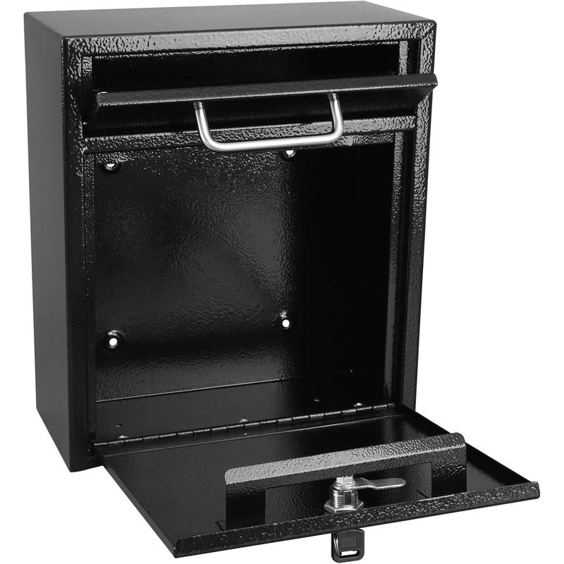 Steel Mailbox Wall Mount, Medium Locking Mailbox with Key Lock, Lock Mail Boxes for Outside,  Key Drop Box, Collection Boxes, 13.4H x 11.6L x 5.6W Inches, Black, Large