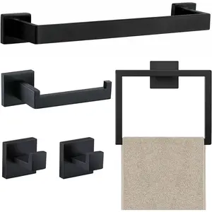 5 Piece Bathroom Towel Bar Set - SUS304 Stainless Steel Bath Towel Holder, 15.7 Inch Wall Mounted Towel Racks for Bathroom, Matte Black Bathroom Hardware Accessories Set