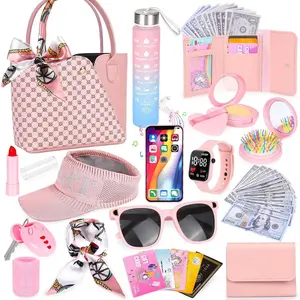 KF5-CPB20  Play Purse for Little Girls, 34PCS Toddler Sports Purse with Sun Hat, Wristbands, Water Bottle, Princess Toys Includes Handbag, Wallet, Pretend Makeup for Kids Purse Birthday Gift for Girls 3 4 5 6 +