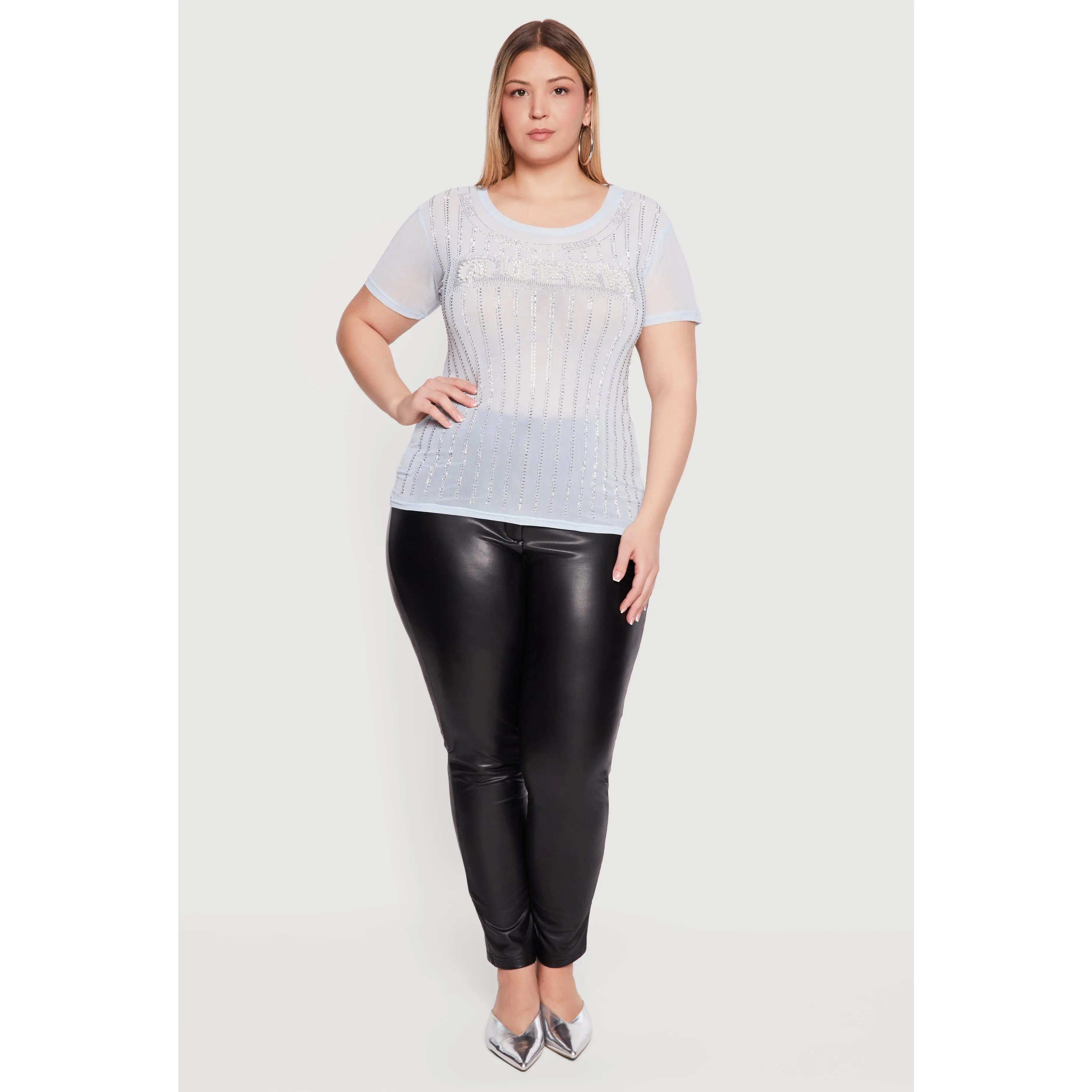 Plus Size Queen Faux Pearl Rhinestone Mesh Top