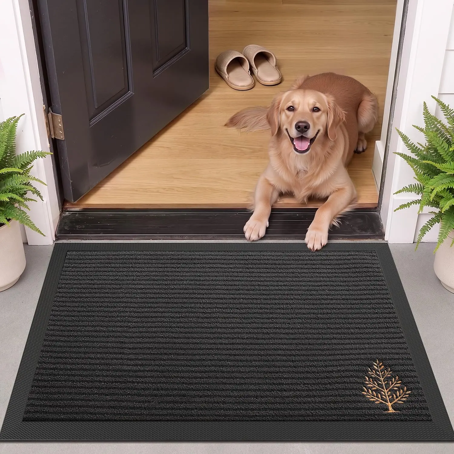 LUMI Front Door Mat Outside Entrance, Heavy Duty Non Slip Low Profile Doormat for Entryway, Trap Dirt and Moisture Welcome Mats, Easy Clean, Patio, Garage Black