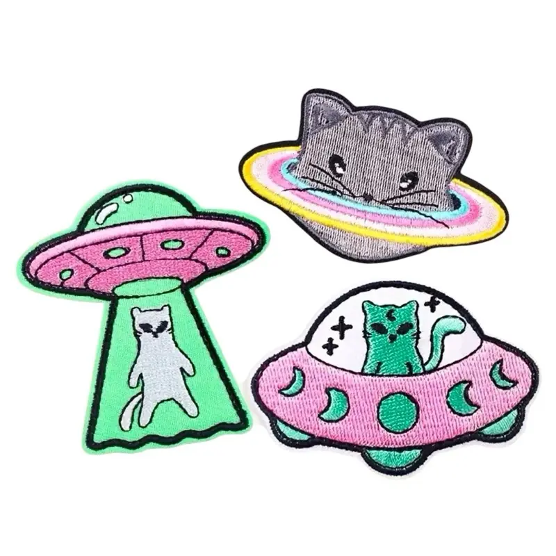 Cute Outer Space Cats Iron On Patches - Green spaceship & Pink UFO with Cat Design, Fun and Colorful Embroidery