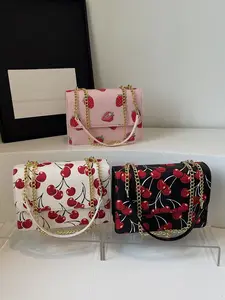 2025 Fashion New Cross-border Trendy Cherry Print Small Square Bag, Women's Bag, Retro Niche Stylish Chain Bag, High-Appearance Single-Shoulder Bag, Crossbody Bag, Embellished Shoulder Bag