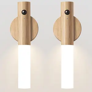 2X Motion Sensor Light Indoor Night Light Wall Sconce Wooden Rechargeable Portable Magnetic Battery Operated LED Night Light for Kids Bathroom Toliet Light Closet Bedroom,White Ash Wood Pack 2