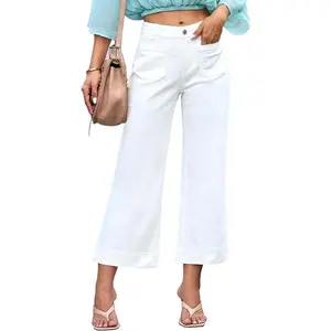 Wide Leg Jeans for Women Trendy High Waisted Flare Jeans Cropped Denim Pants Stretchy Baggy with Patch Pockets Fabric Womenswear
