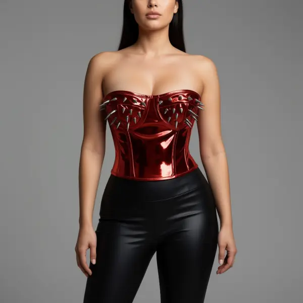 Red Metallic PVC Steel Boned Corset Bustier Top for Women | Gothic Waist Trainer with Bullet Spikes, Cotton Lining & Side Zipper