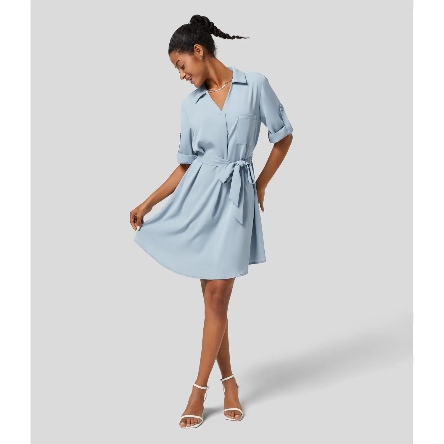 Halara Collared Roll Up Sleeve Belted Midi Work Shirt Dress