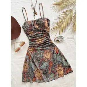 New oil painting series 3D printed camisole jumpsuit with slim fit and waist cinching, women's retro printed pleated mini dress, retro style A-line skirt, perfect choice for casual fashion in spring and autumn, daily wear