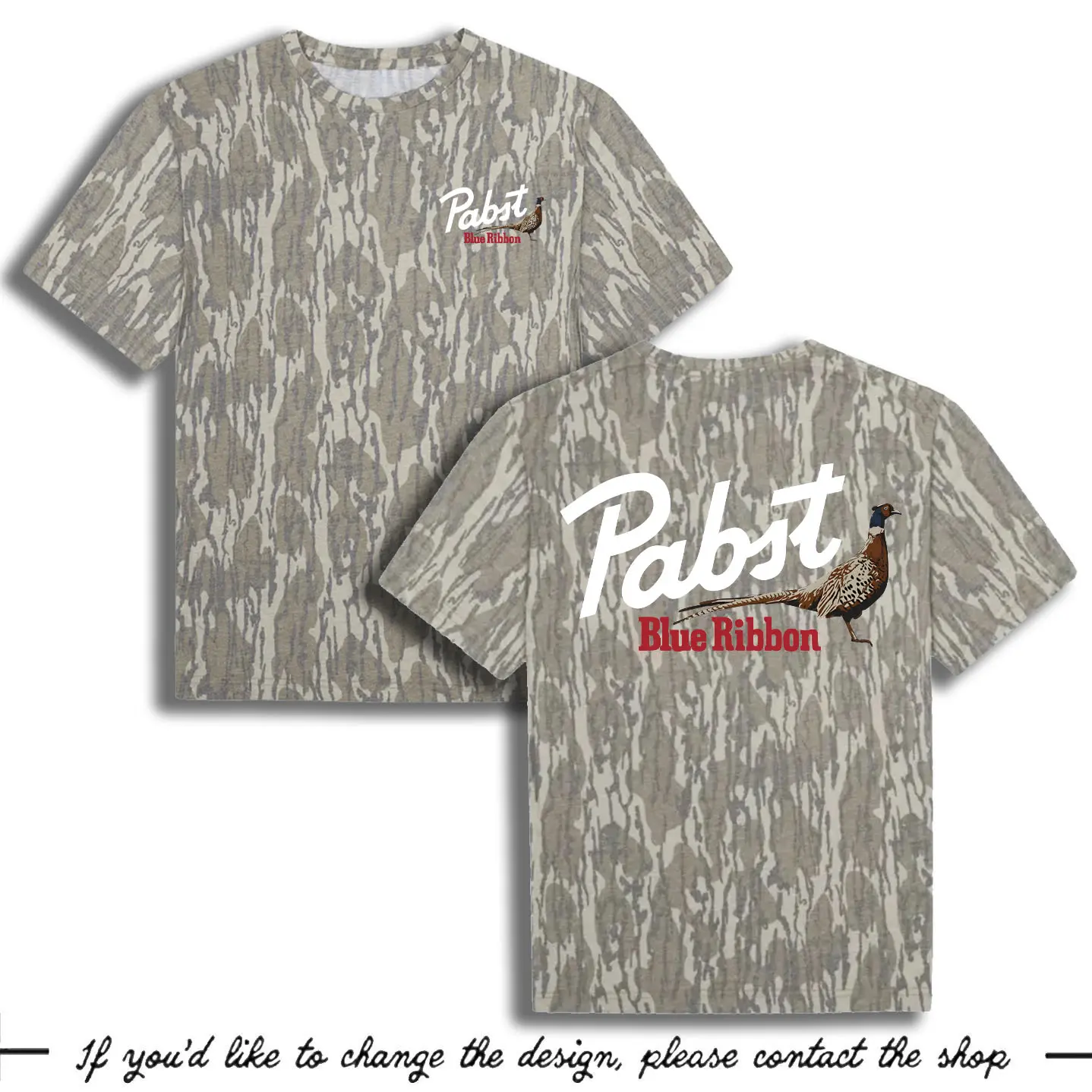 Pabst Blue Ribbon Pheasant  T-Shirt, Soda drink Cotton graphic tee, Screen Printed in Vibrant Colors, Sizes S-5XL Available - Shirts, Classic camo mossy oak tee
