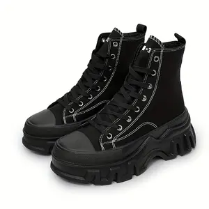Women's Black High-Top Platform Boots - Unisex Lace-Up Footwear with Comfortable Non-Slip Rubber Sole, Street Style Shoe for Outdoor & Casual Use
