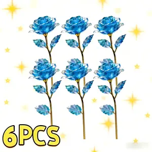 6 Gold-plated Sky Blue Roses, Artificial flower set, Suitable for All Seasons, Indoor and Outdoor Use in Homes and Businesses, Ideal for Valentine's Day, New Year, Weddings, Easter, No Electricity Needed, Low Maintenance, Artificial flowers set