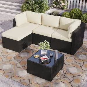 Aoxun 5-Piece Outdoor Wicker Patio Furniture Set, Modular Sectional Sofa with Ottoman & Glass Coffee Table, All-Weather Rattan Conversation Set with Beige Cushions for Backyard, Deck, Poolside