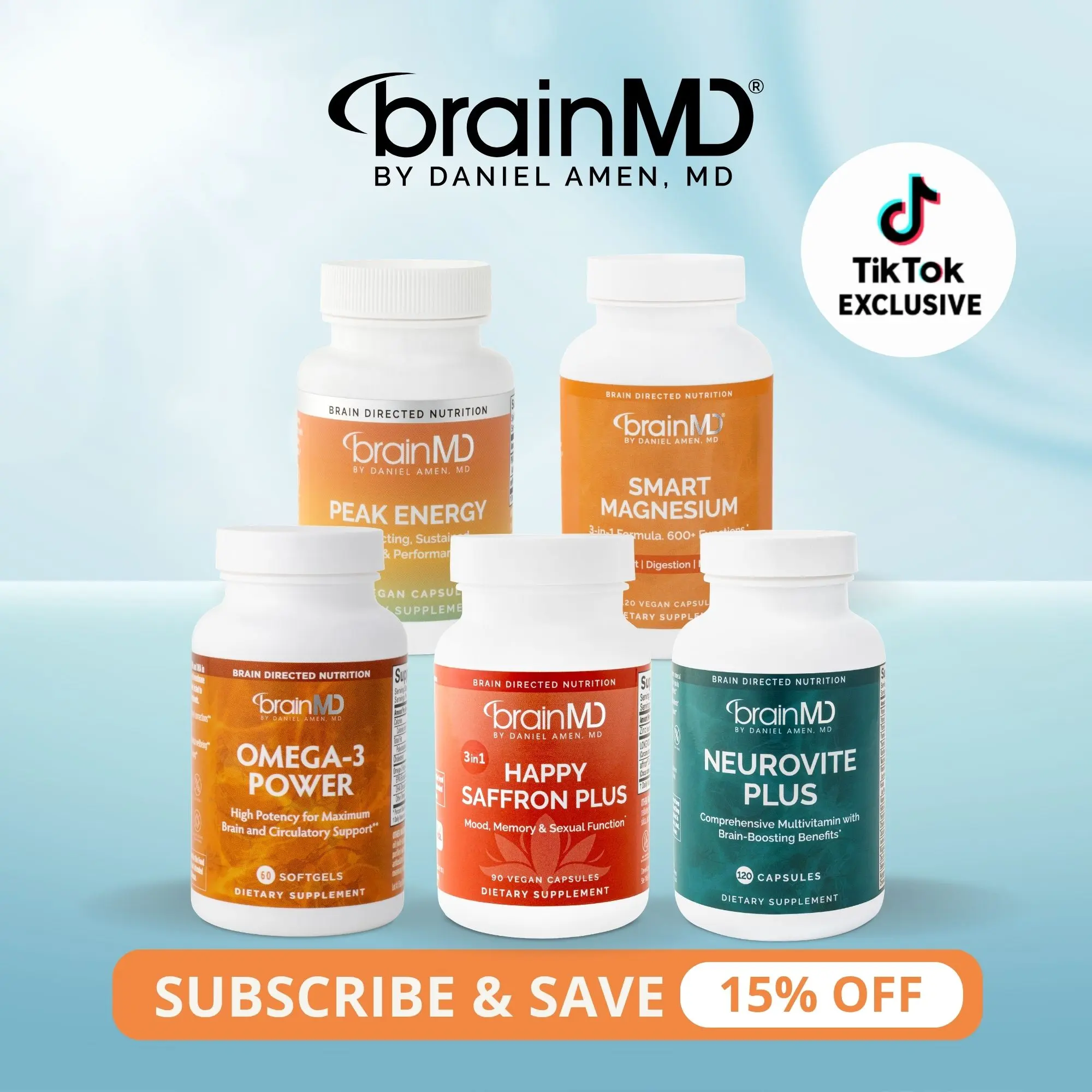 Dr. Amen's Fave 5 Bundle | BrainMD | 5 Products | Brain & Whole-Body Wellness Support | Mood, Focus, Energy & Sleep Support | affron Saffron, Omega-3 EPA/DHA, Multivitamin, Magnesium & PEAK ATP