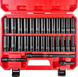 29pcs 1/2" Socket Set, Standard SAE (3/8 "- 1") and Metric (10mm-24mm), Cr-V SteelDrive Deep Impact Socket Set, Including 3 ", 5", 10" Impact Extension Bar