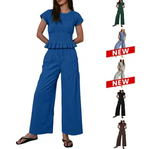 Molitree Women’s 2-Piece Smocked Top & Wide-Leg Pants Set–High-Waisted Lounge Outfit with Pockets Casual Boho Matching Set Clothes Ruffle