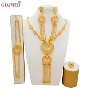 Dubai 24K Gold Color Jewelry Set For Woman Bridal Nigerian African Long Chain Necklace Earrings Bracelet Ring Jewellery Set Gift