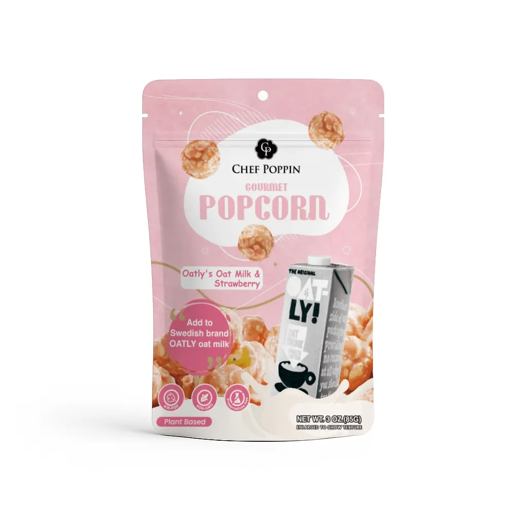 Chef Poppin Crispy Gourmet Coated Popcorn - Oatly’s Oatmilk & Strawberry, Vegan Dairy-Free Fruity Tangy-Sweet Ambient Snack, 120g