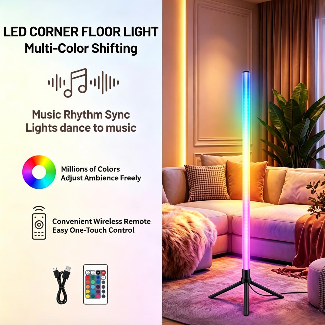 43.3inch RGB Corner Floor Lamp Music Sync LED Ambient Light with APP Control Colors Ambient Light Dimmable Modern Floor Lamp for Gaming Room Party Bedroom Decor home