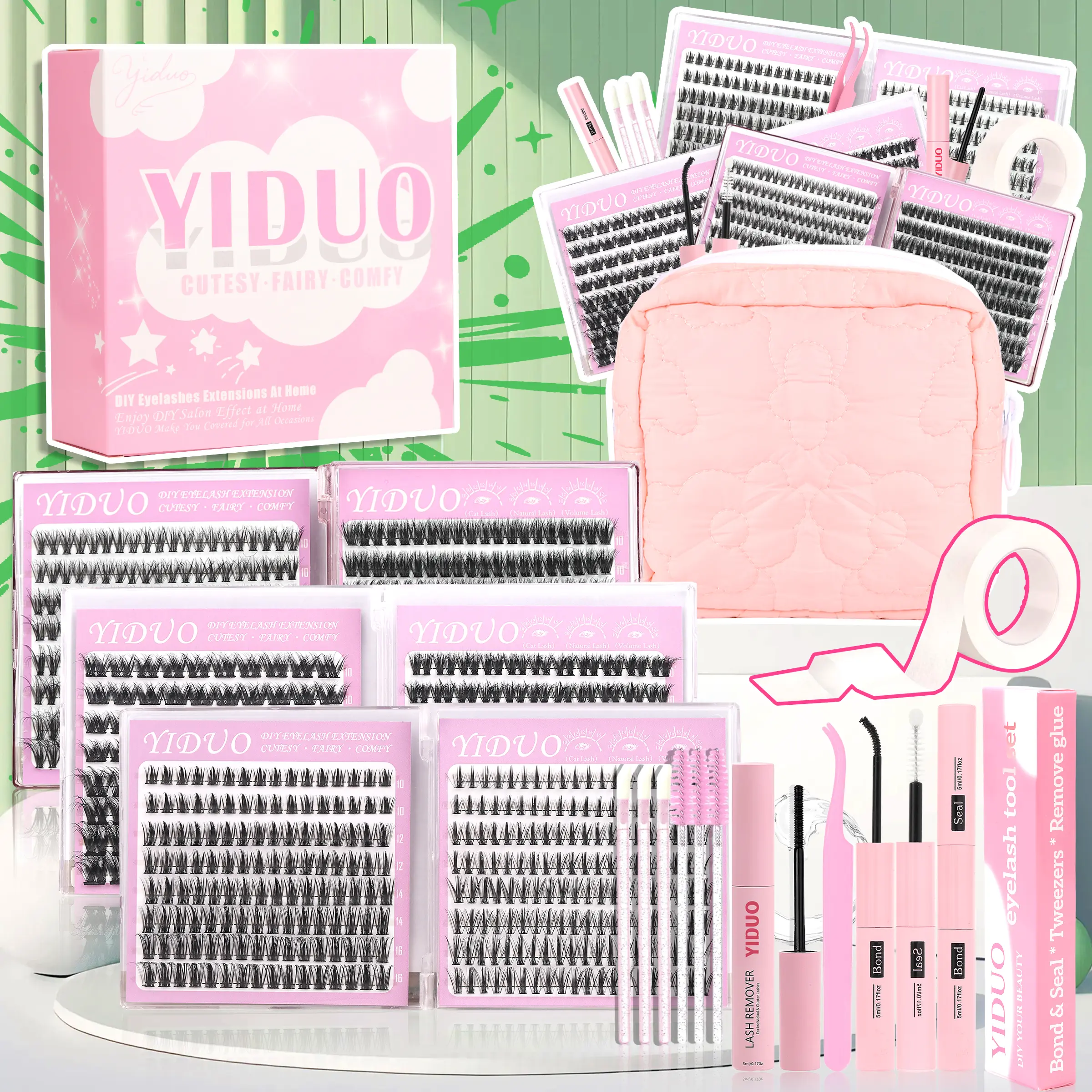 YIDUO Lash Clusters Kit Gift Packs 6 Styles Fluffy Manga Eyelash Extensions Makeup Bag Set Fluffy Fairy Wispy C-curly Soft Individual DIY Lash Clusters Kit DIY at Home Easily Eyelashes Extension Kit Easy DIY Eyelashes