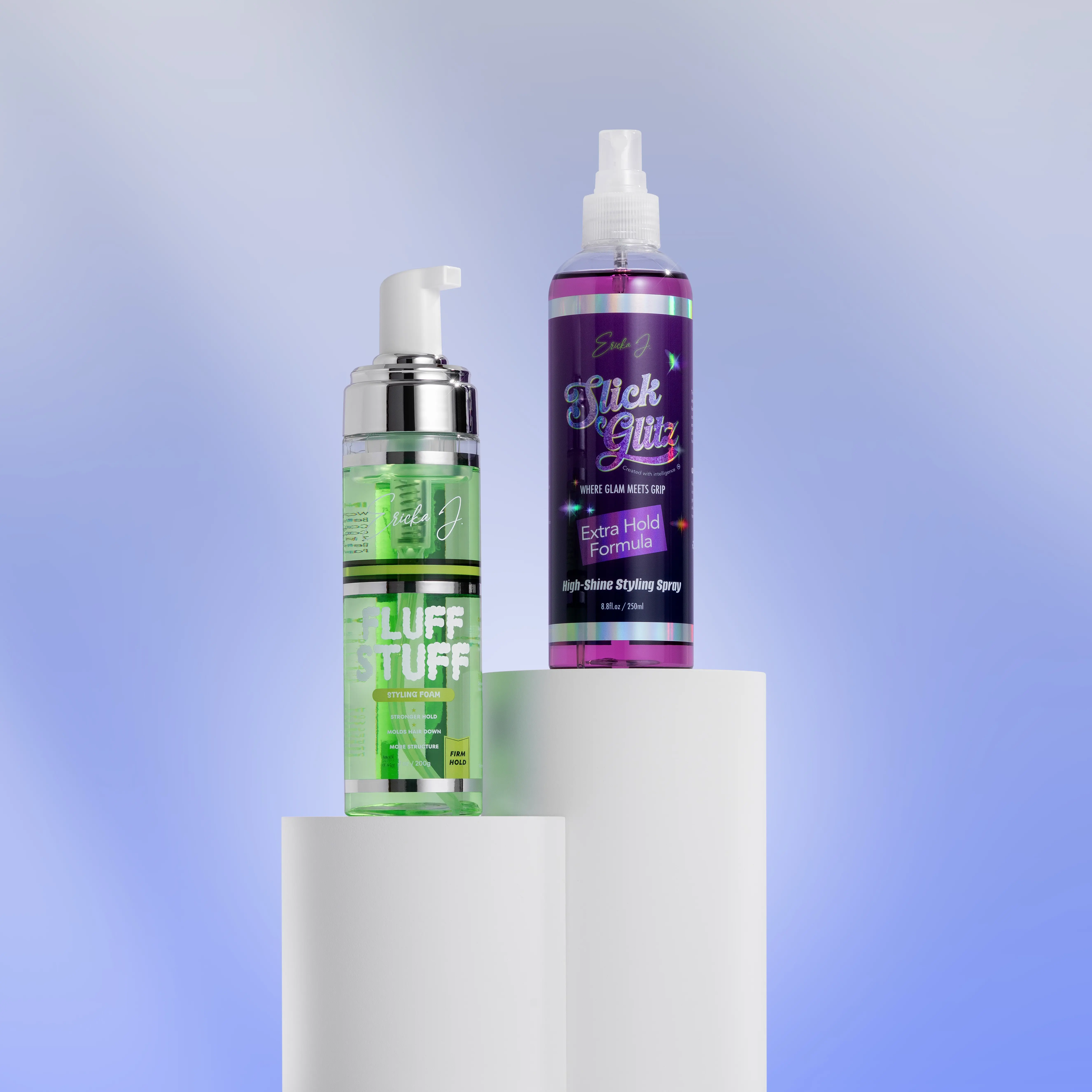 Ericka J Products Slick Glitz + Fluff Stuff Bundle, High Shine Styling Spray plus Hair Styling Foam (Soft or Firm Hold), Curl Defining and Sculpting System for Volume, Edges and Sleek Styles, 2 Piece Set