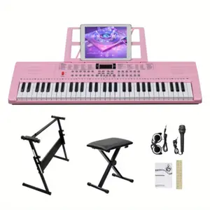 GEP-110S01 Pink 61-Key Keyboard Set with Stand Bench Built-in Speakers Headphone Microphone Music Rest 3 Teaching Modes for Beginners 200 Tones 200 Rhythms 60 Demo Tracks LED Display
