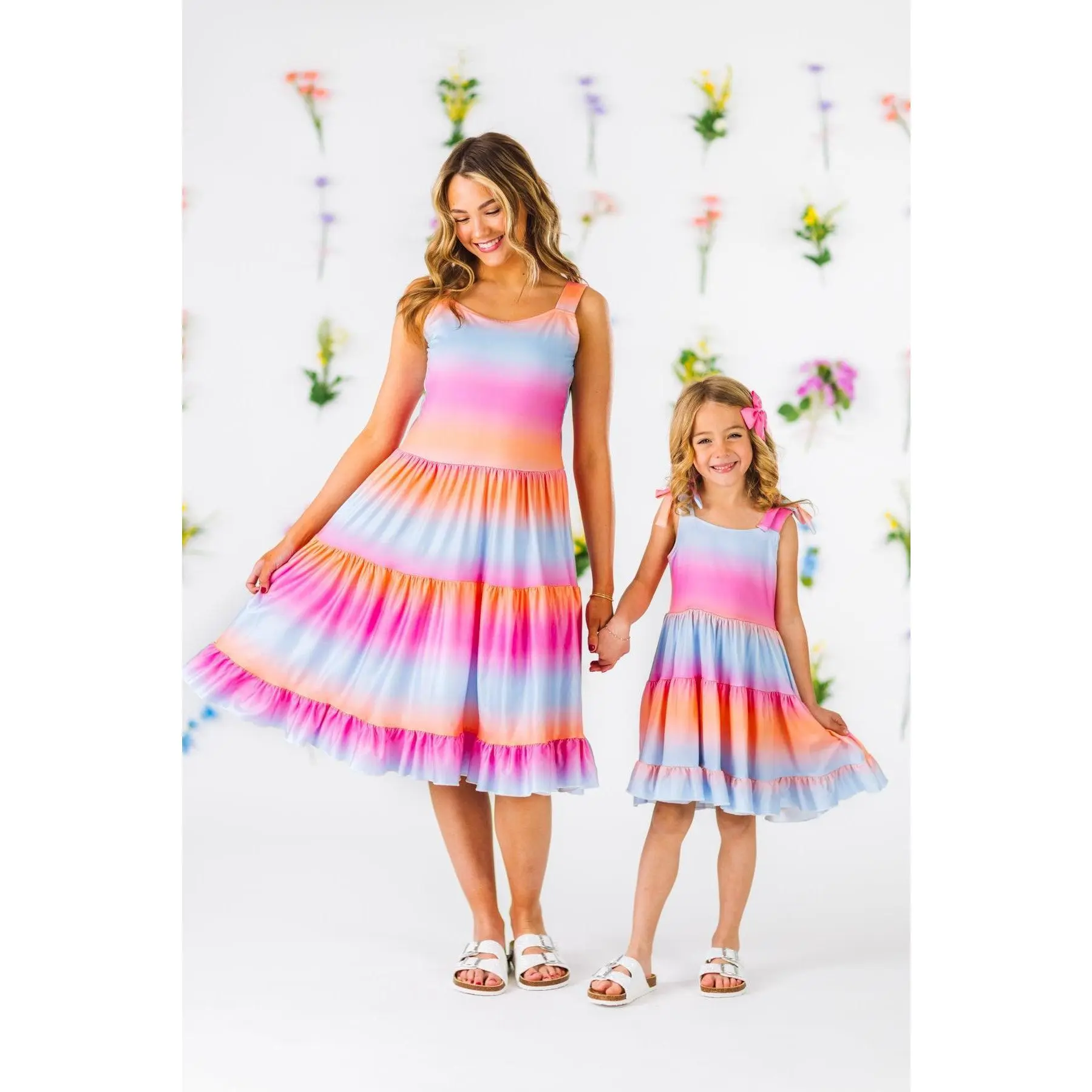 Mother-Daughter Clothing Set, Women’s & Kids’ Comfy Pullover Tiered Ruffle Tank Dresses with Cute Sunset Ombre Pattern, Soft Breathable Fabric, Feminine Sleeveless Design