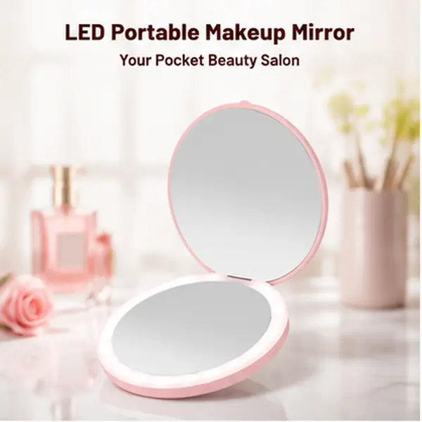 2PCS Portable LED Lighted Makeup Compact Mirror | Pocket Travel Cosmetic Mirror | Pocket Makeup Mirror Rechargeable For Travel | Cute Mini LED Makeup Mirror With Ring Light For Girls Daily Use