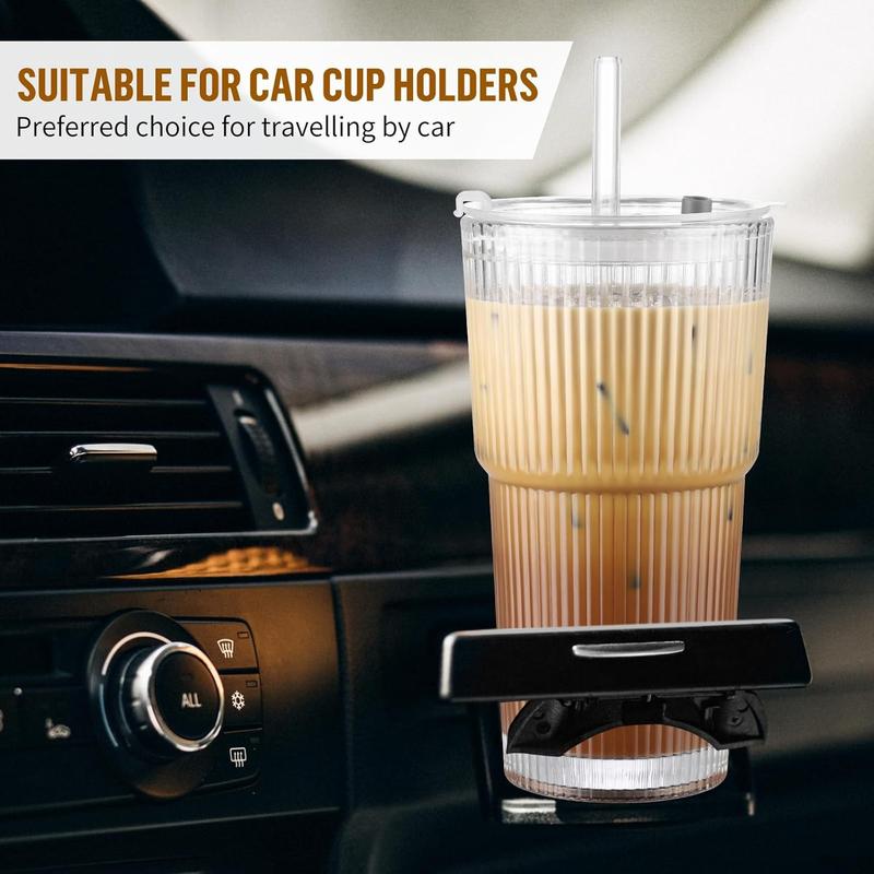 Ribbed Glass Cups with Lids and Straws | 6/8Pack 20oz Thickened Tumbler Set | Coffee, Smoothies, Cocktails & Juices