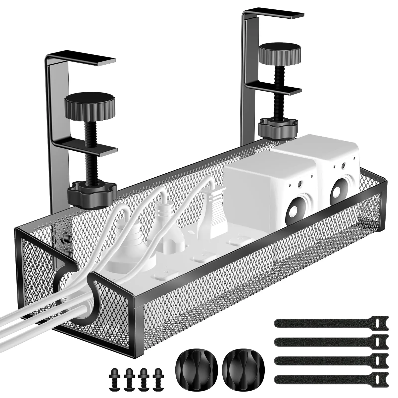 Under Desk Cable Management Tray for Office and Home - No Drill Desk Cable Organizer with Clamp and Accessories