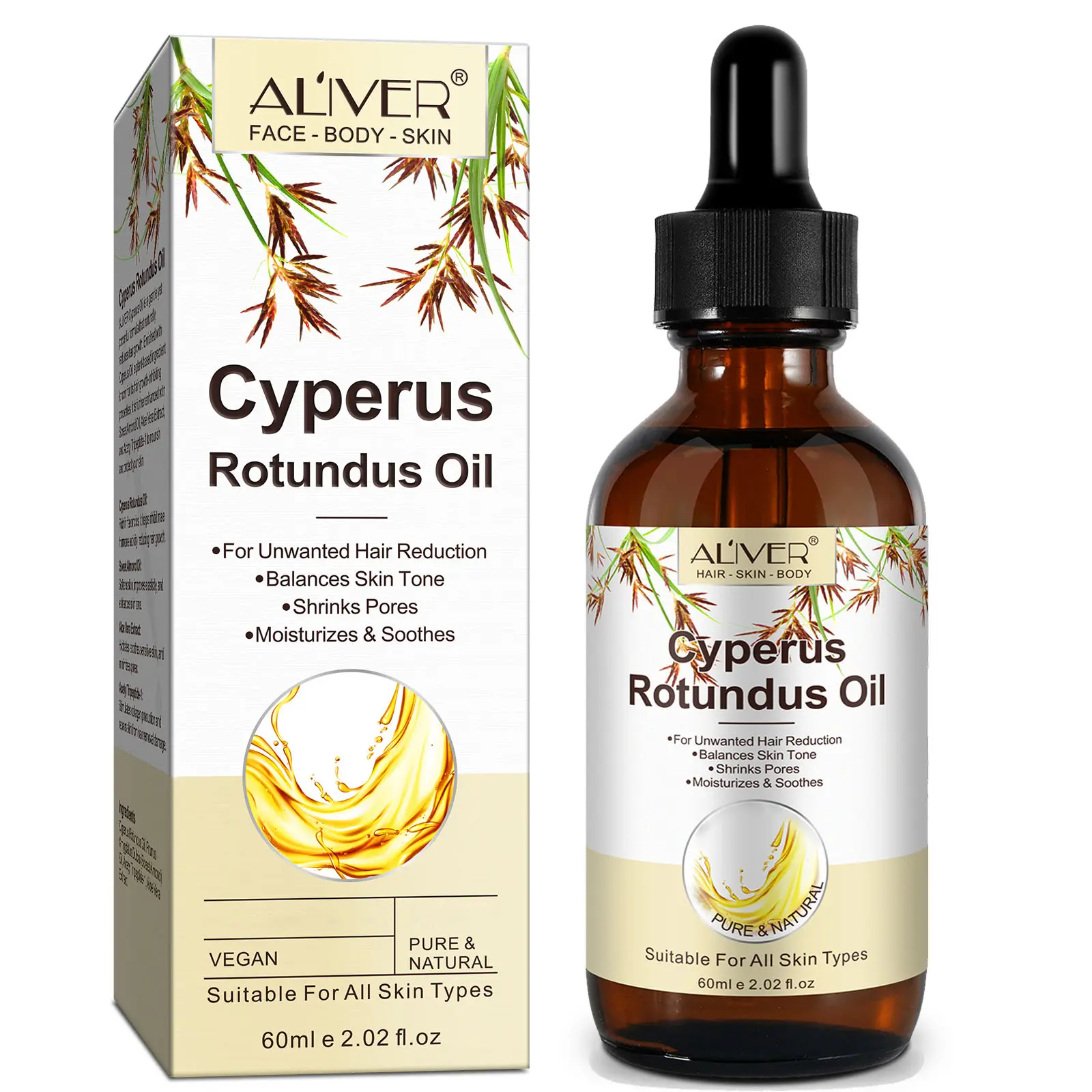 Aliver Cyperus Rotundus Hair-Reducing Oil – Nourishing, Soothing & Skin-Enhancing Formula 60ml (2.02 fl.oz)