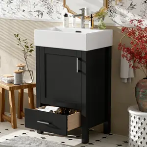 20.28'' Modern Bathroom Vanity with Ceramic Sink, Solid Wood Frame, and Drawer, Ideal for Small Bathrooms.