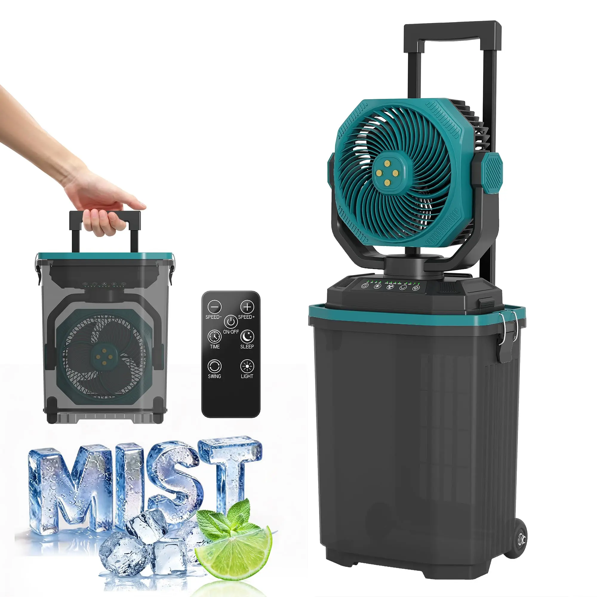 15L Large Portable Misting Fan with 30,000mAh Rechargeable Battery, Remote Control, Oscillating Cooling, Retractable Handle & Wheels – Outdoor Mist Fan for Camping, Patio, Beach, Tailgating & Travel