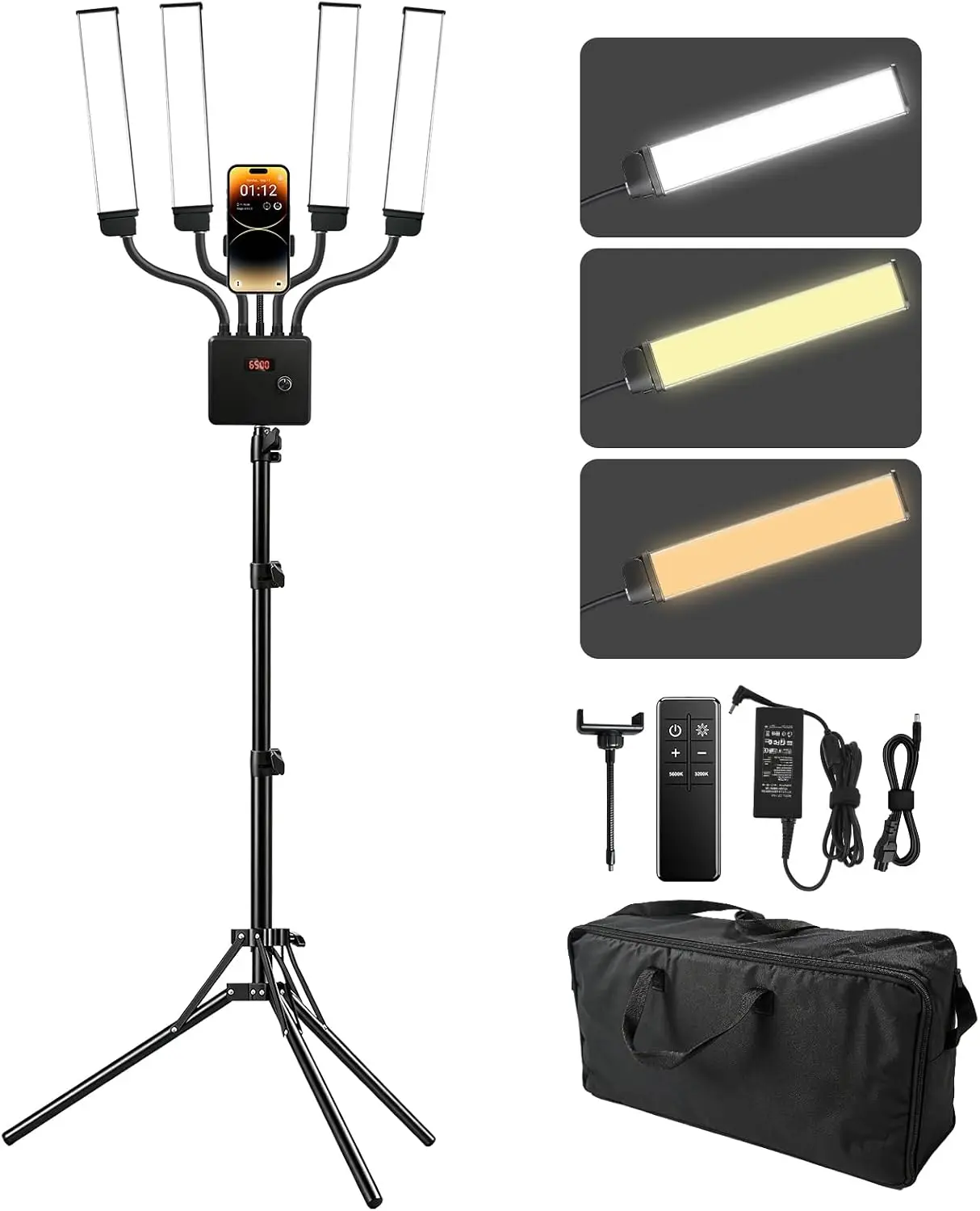 Zensun 80W Dimmable 3-Color 4-Arm LED Floor Lamp with 75'' Tripod Stand, Phone Holder, Carry Bag, 95CRI Professional Lighting for Lash Tattoo, Video Photography, Live Stream