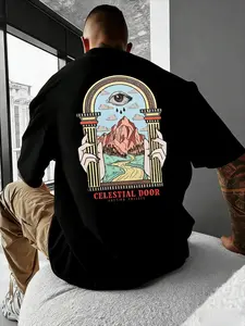 Celestial Door All-Seeing Eye Graphic T-Shirt, Retro Aesthetic Mountain Landscape Oversized Tee, Vintage Streetwear for Men, Casual Cotton Short Sleeve Top, Y2K Harajuku Style Summer Shirt, Unique Art Print Daily Wear