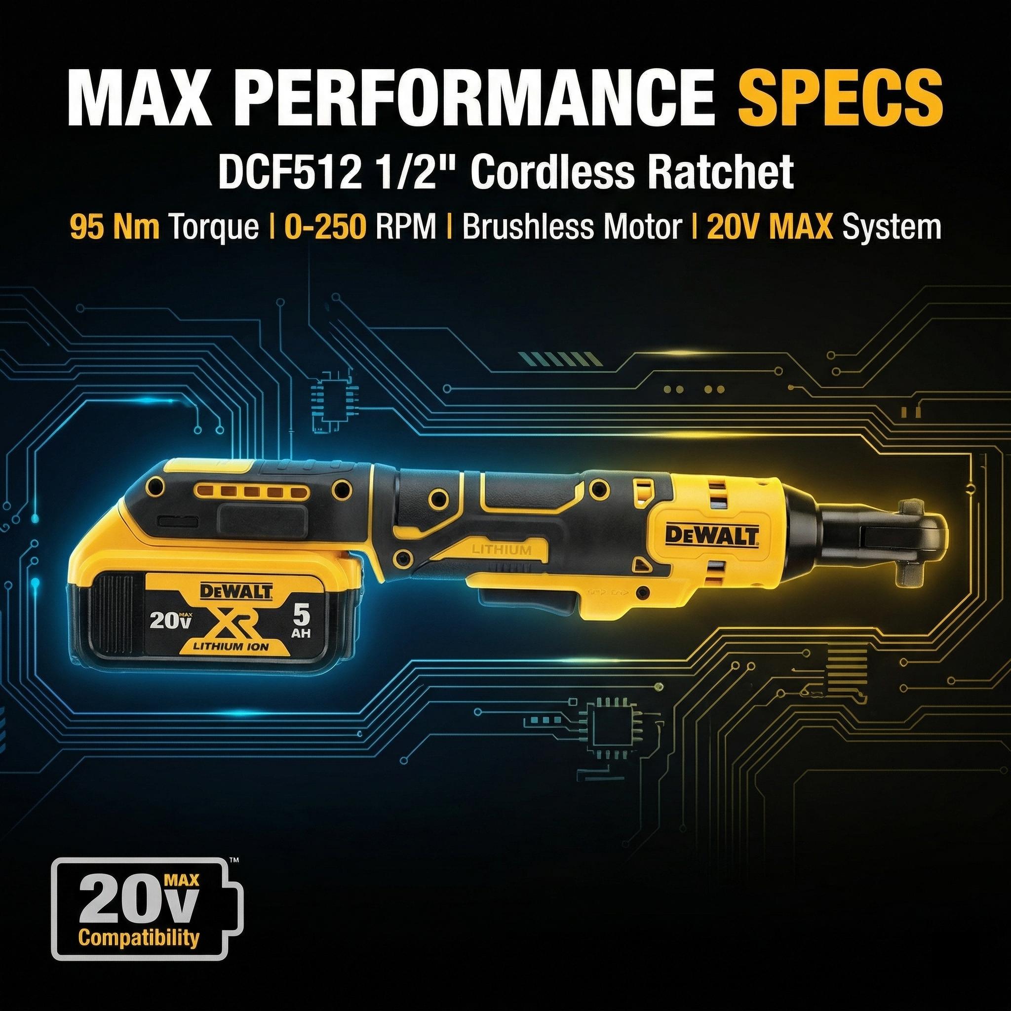 DEWALT DCF512 1/2" Brushless Cordless Ratchet Wrench – 95Nm Max Torque for Auto Repair & Tight Engine Bays – Low-Profile Open Head with Oil-Resistant Housing