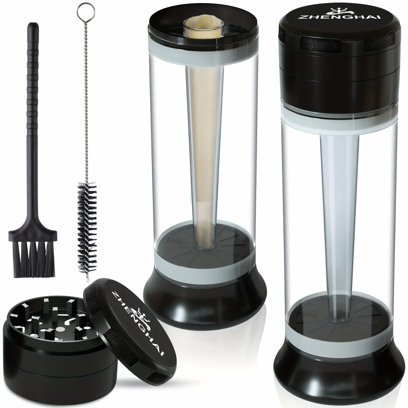 3-In-1 Zinc Alloy Spice Grinder, Pre-Rolled Cone Loader Machines. 6-Hole Storage Cone Loader Rolling Machine. Grinding, Filling, Storage All-In-One with Cleaning Brush